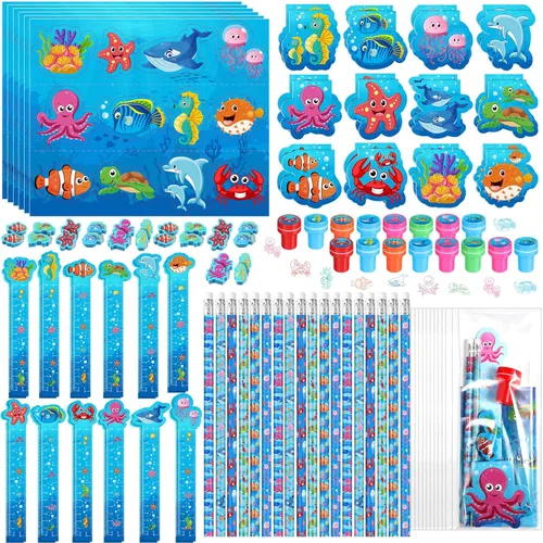 PerKoop 168 Piezas Bajo el Mar Papelería Temática Oceánica Rellenos de Bolsas de Regalos Suministros de Fiesta con Mini Cuaderno Oceánico Lápiz