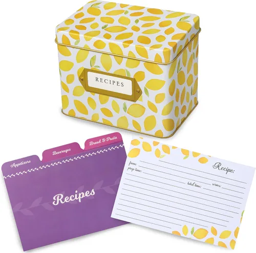 Miniatura 15 de Jot & Mark Caja de regalo para tarjetas de recetas, 50 tarjetas de 4 x 6 pulgadas, 14 divisores, caja de lata decorativa, patrón floral