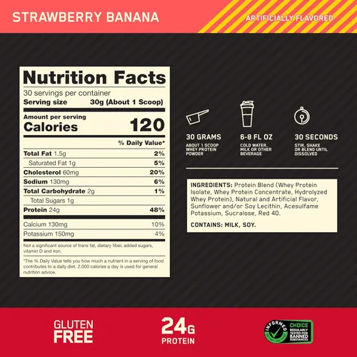 Miniatura 3 de Optimum Nutrition Polvo de proteína de suero de leche 100% de oro, fresa y plátano, 2 libras (el embalaje puede variar)