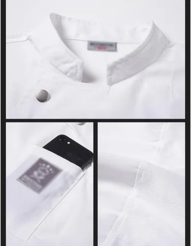 Miniatura 5 de Abrigo de chef unisex con bolsillos, camisa uniforme, chaqueta de chef, uniforme de verano para hotel, cocina, restaurante