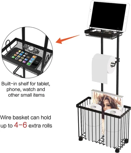 Miniatura 6 de X-cosrack Soporte Independiente para Papel Higiénico Soporte de Toallas de Papel con Estante de Despliegue y Dispensador con Estante de Negro