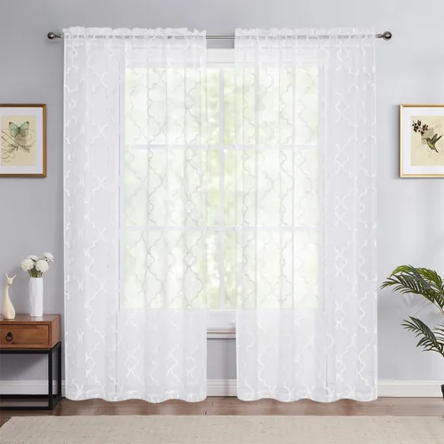 Miniatura 8 de Cortinas traslúcidas beige y blancas para dormitorio, 84 pulgadas, con bordado geométrico marroquí, marfil, paneles de cortina semitransparentes