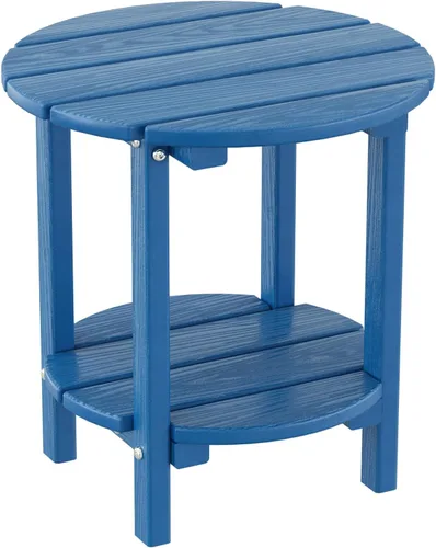 Mesa auxiliar redonda de 2 niveles para exteriores con veta similar a la madera, mesa auxiliar Adirondack de HDPE para patio, mesa auxiliar Azul