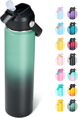 Miniatura 10 de Fijinhom Botella de agua aislada de acero inoxidable de 18 oz, de boca ancha, de doble pared, con vacío, con pajita de silicona, a prueba de sudor