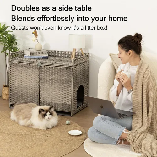 Miniatura 7 de Furriends Caja de arena para gatos con 2 alfombrillas, muebles ocultos de ratán tejido a mano, grande, 30.3 pulgadas de largo x 18.2 pulgadas