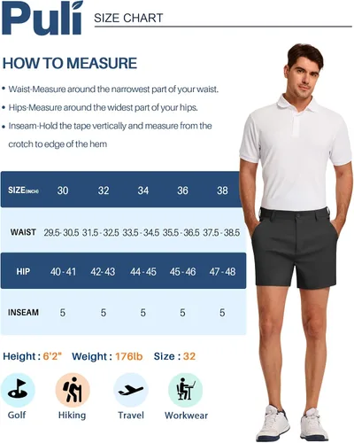 Miniatura 6 de PULI Pantalones cortos de golf para hombre, entrepierna de 5 pulgadas, ajuste relajado, elástico, ligero, casual, viajes, secado rápido, pantalones