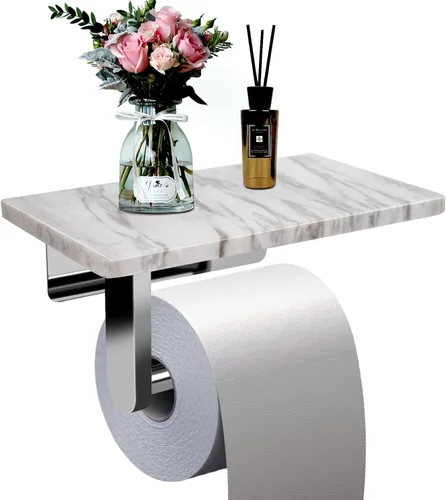 Miniatura 12 de Soporte de papel higiénico con estante de mármol natural para baño, soporte de pañuelos montado en la pared adecuado para rollo mega