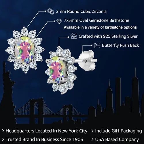 Miniatura 275 de Gem Stone King Aretes ovalados de plata de ley 925 de 0.276 x 0.197 in con piedra natal de la princesa Diana, estilo halo real para mujeres