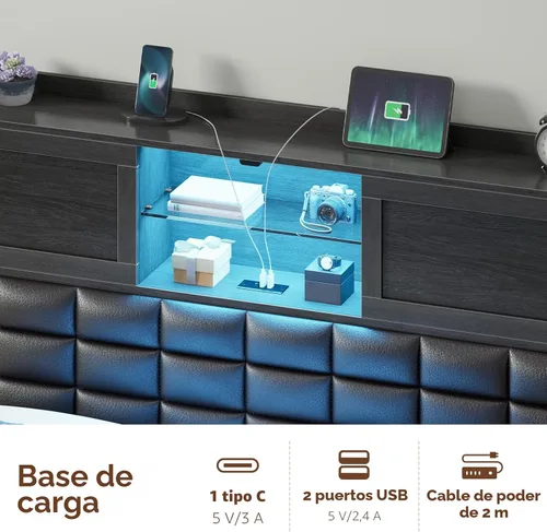 Miniatura 4 de Rolanstar Armazón de Cama Tamaño Twin con Estación de Carga, Cama con Cabecera Estantería con Luz LED y Puertas Corredizas, Cama de Plataforma