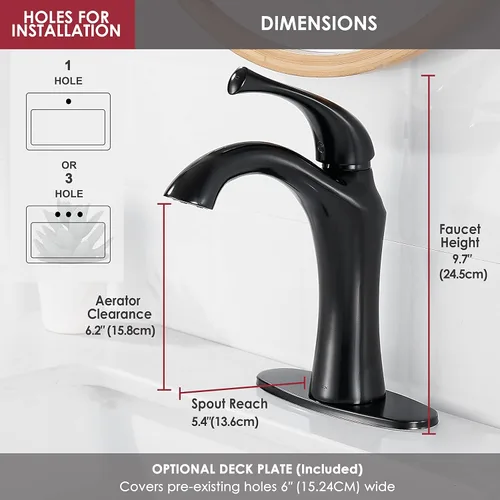 Miniatura 2 de Grifo de baño, grifo de lavabo de una sola manija, grifo de fregadero de baño de 1 o 3 agujeros con placa de drenaje emergente, color negro mate