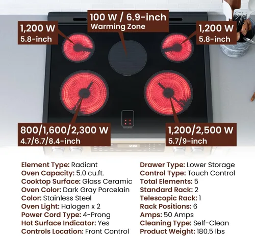 Miniatura 6 de Rangaire RRE303GS Estufa Eléctrica con Horno de Cristal Táctil de 30" - Acero Inoxidable, Quemadores Infrarrojos, Convección Verdadera