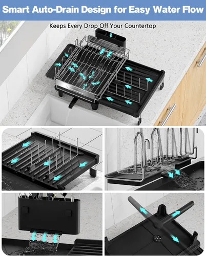 Miniatura 3 de Escurridor de platos expandible para encimera de cocina, acero inoxidable 304, placa retráctil abatible, ajustable multidireccional, estante