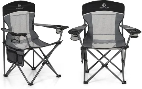 LET'S CAMP Paquete de 2 sillas de campamento con respaldo de malla, portátil, plegable, resistente, para exteriores, 330 libras, silla de brazo Negro