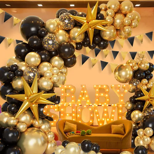 Miniatura 6 de Kit de arco de guirnalda de globos negros y dorados con globos de estrella en explosión, globos de látex de confeti de oro negro de 5/10/12/18