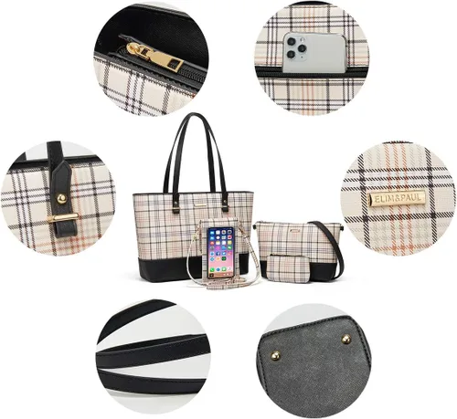 Miniatura 39 de Juego de 4 bolsas modernos para mujer de cuero sintético: bolso tote, bolso de hombro, bolso de mano y cartera.