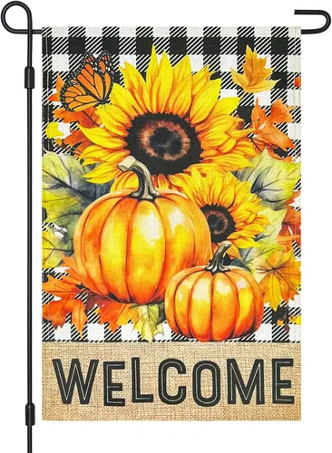 Miniatura 9 de Bandera decorativa de arpillera de otoño para jardín, 12 x 18 pulgadas, de doble cara, calabaza, cachorro, madrás, a cuadros, pequeñas banderas