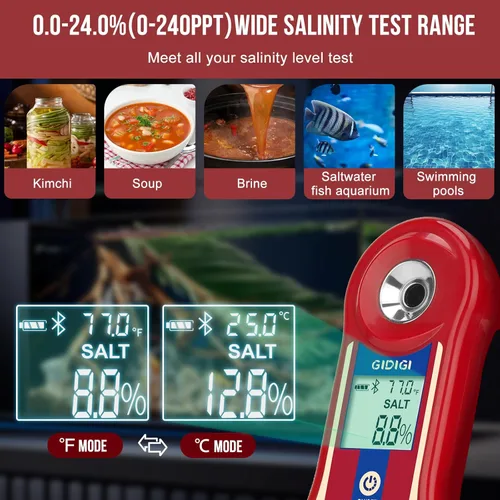 Miniatura 3 de Refractómetro digital Brix y salinidad, prueba inteligente de azúcar 0.0-60%, refractómetro de sal para agua salada 0.0-24% con ATC, probador Brix