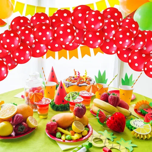 Miniatura 6 de Sumind 100 globos de látex de lunares negros y rojos, decoraciones de mariquita y fresa para decoración de fiestas, cumpleaños, suministros de boda