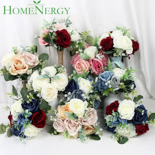 Miniatura 6 de Juego de 4 ramos para dama de honor para boda - Ramos de flores artificiales de 7 pulgadas para decoración de centros de mesa de ceremonia y Azul