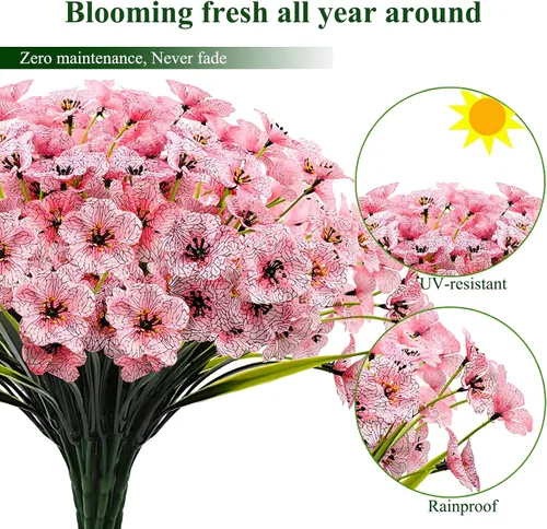 Miniatura 4 de Kinisty 20 paquetes de flores artificiales para exteriores, resistentes a los rayos UV, con flores de seda sintética rosadas y plantas de plástico