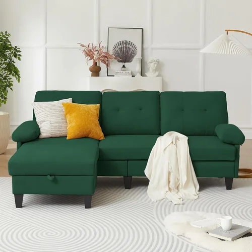 Miniatura 11 de Sofá modular convertible de 84 pulgadas, moderno sofá pequeño en forma de L de tela de lino con diván reversible, sofá de 3 asientos para sala