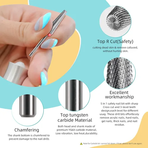 Miniatura 5 de 24mm Super Largo 5 en 1 Brocas de taladro para uñas, Broca cónica cruzada de carburo, Brocas de taladro de rotación bidireccional de 3/32