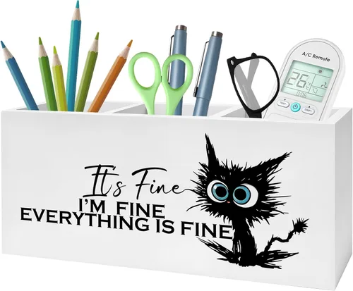 Divertido soporte para lápices de gato negro para escritorio, I'm Fine Everything Is Fine - Organizador de lápices de madera para accesorios de