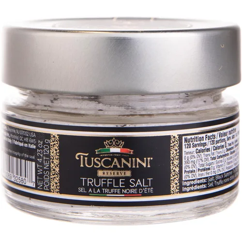 Tuscanini Reserve Sal de trufa negra, 4.23 onzas, sal marina fina y gruesa con trufas negras secas de verano, producto de Italia, sal condimentadora