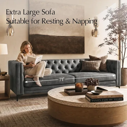 Miniatura 3 de HULALA HOME Sofá de Piel Sintética de 84" de Ancho con Patas Metálicas, Sofá de 3 Plazas con Botones Capitoné, Sofá Tapizado Contemporáneo Moderno