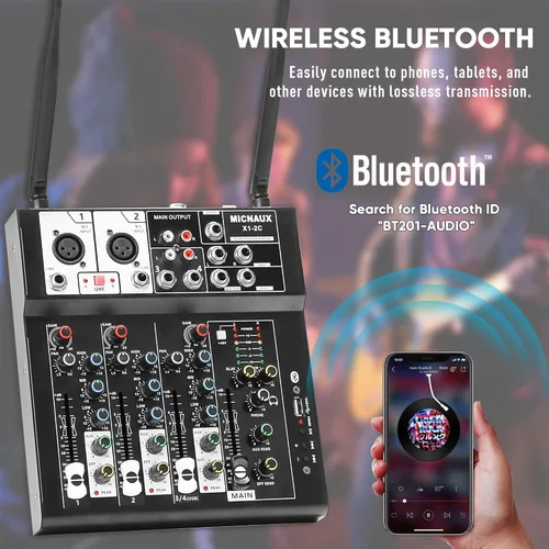 Miniatura 4 de Mezclador de audio de 4 canales, mezclador de karaoke con micrófonos inalámbricos duales, tablero de sonido profesional, consola de mezcla de DJ