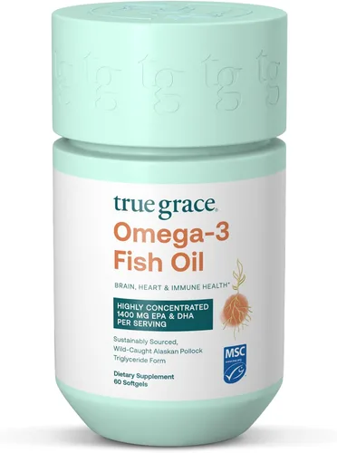 True Grace Aceite de pescado omega-3 - 60 cápsulas blandas - 1400 mg de EPA + DHA - Salud cerebral, cardíaca, articular e inmunológica - Orgánico,