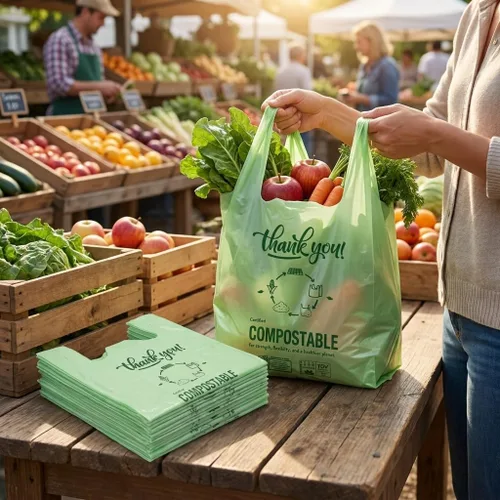 Miniatura 6 de Bolsas de compras compostables certificadas por OrangeBio (tamaño grande), 500 unidades, 12 x 6 x 20 pulgadas (extragruesas), capacidad para 20