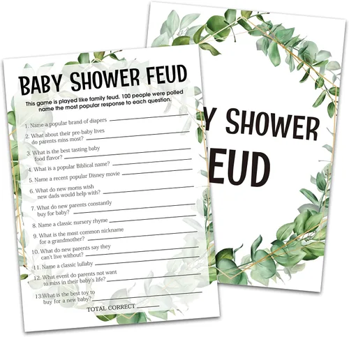 Miniatura 11 de Greenery - Tarjetas de juego de eucalipto para baby shower, suministros de fiesta de revelación de género de la selva tropical, diseño neutro