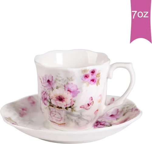 Miniatura 3 de GuangYang Juego de 6 tazas de té y platillos de porcelana de 7 onzas, patrón floral morado