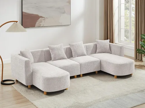 Miniatura 13 de VANOMi 279 cm Sofá modular seccional con 3 almohadas, cómodo sofá de chenilla en nube convertible de 5 plazas con reposapiés, sofás seccional