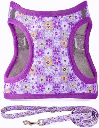 Miniatura 12 de Arnés para perro con correa, arnés reflectante para todo clima, sin tirones, con patrón floral, acolchado, malla para gatos, cachorros, perros