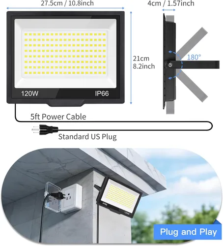 Miniatura 6 de Luz de inundación LED de 120 W para exteriores con enchufe, luces de seguridad superbrillantes de 14400 lm con cable de 5 pies, luz de trabajo LED