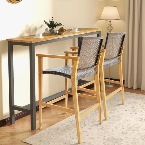 Miniatura 2 de Tangkula Juego de 4 taburetes de bar de ratán para patio, sillas de bar de mimbre de polietileno para exteriores con reposabrazos, taburetes de bar
