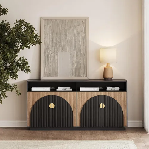 Miniatura 37 de BELLEZE Aparador Modular Acanalado Buffet con Almacenamiento, Mesa Consola Moderna de Mediados de Siglo con Puertas Arqueadas Simétricas, Elegante