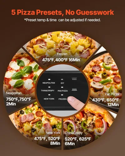 Miniatura 5 de Horno de pizza eléctrico VEVOR, Smart Pizzas Maker interior con 5 ajustes preestablecidos, horno de pizza de encimera de 12 pulgadas con pantalla
