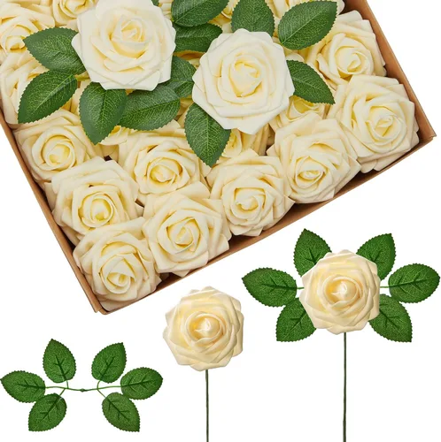 Miniatura 14 de InnoGear Flores artificiales, 100 rosas falsas de espuma blanca a granel con tallos para decoración, ramos de boda, centros de mesa, despedida