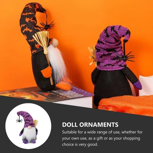 Miniatura 2 de PRETYZOOM Muñeca sin rostro, gnomo de Halloween, decoración de felpa, gnomo de bruja de fieltro suave morado con barba gris, escoba de araña