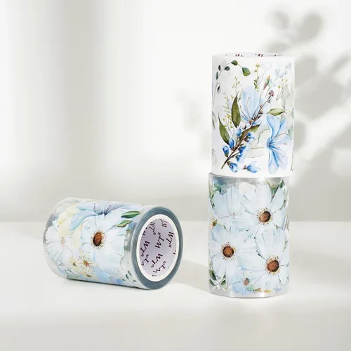 Miniatura 8 de WT Serene - Cinta ancha de PET, rollo individual, diseños originales, cinta decorativa de flores azules acuarela, cinta adhesiva transparente WT