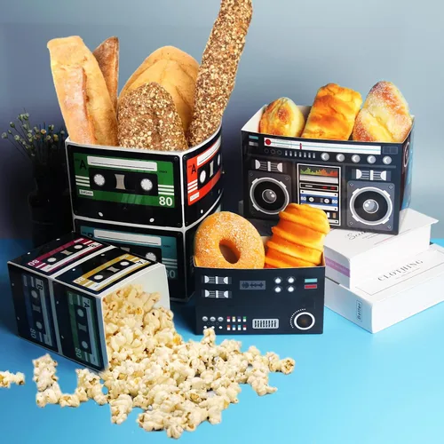 Miniatura 6 de 8 piezas de centros de mesa de casete retro de los años 80, decoración de cubo de vuelta a los años 80 y 90 Hip Hop Radio tema cajas palomitas