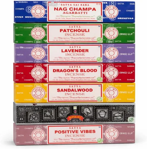Satya - Juego de regalo de incienso Nag Champa, éxito super, sangre de dragón, sándalo, pachulí, lavanda, vibraciones positivas, 15 g