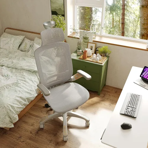 Miniatura 9 de GABRYLLY Silla de oficina ergonómica, Silla de escritorio de casa de respaldo alto con brazos abatibles, reposacabezas, inclinación de 90-120°
