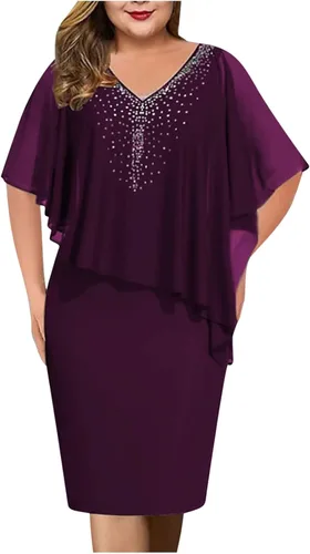 Vestido de capa para mujer, talla grande, con cuello en V y diamantes de imitación, superposición de gasa, vestido de tubo bodycon para boda, cóctel