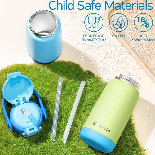 Miniatura 8 de Fimibuke Botella de agua aislada para niños con tapa con pajita y asa - 14 onzas, sin BPA, acero inoxidable 18/8, recipiente de metal, a prueba