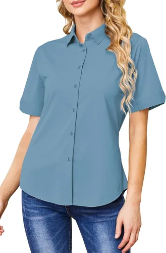 Miniatura 7 de Camisas con botones para mujer, sin arrugas, ajustadas, manga corta, formal, sólidas, blusas