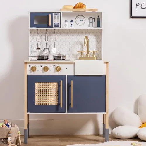 ROBOTIME Cocina de Madera para Jugar, Juego de Cocina para Niños y Pequeñitos, Cocina de Juego para Niños con Luces y Sonidos, Cocina de Juguete Azul